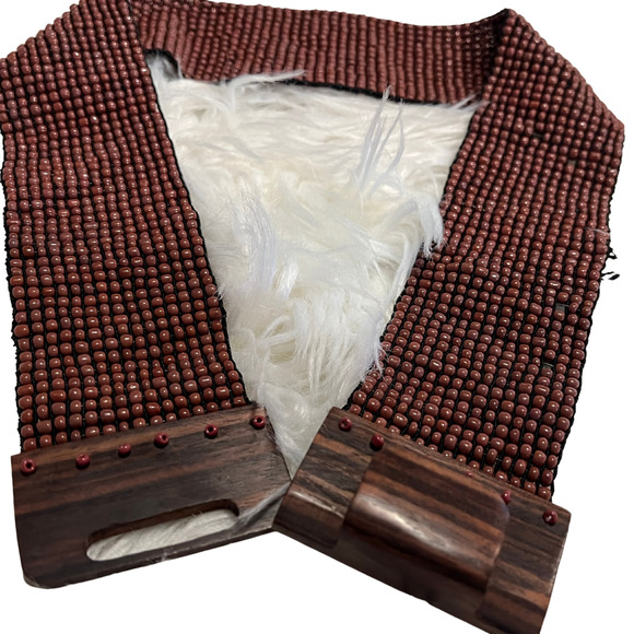 Vintage 90s Y2K Brown Beaded Elastic Belt with Wooden Clasp - Picture 1 of 5